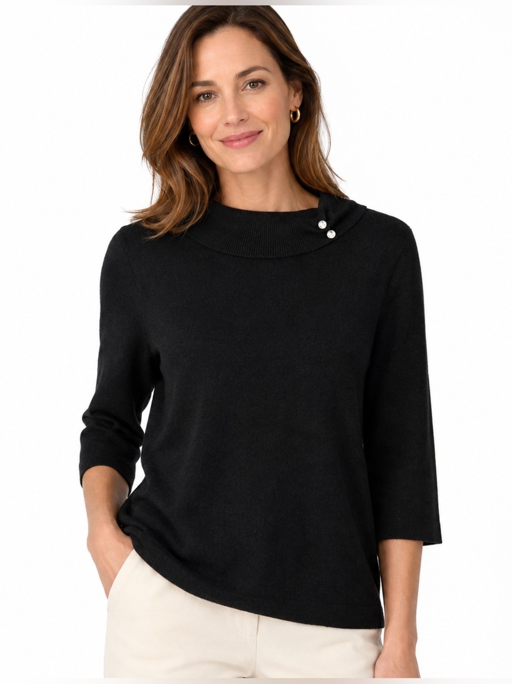 Covington Black Mock Neck Sweater Petite XL Rhinestone Button Detail 100%Acrylic